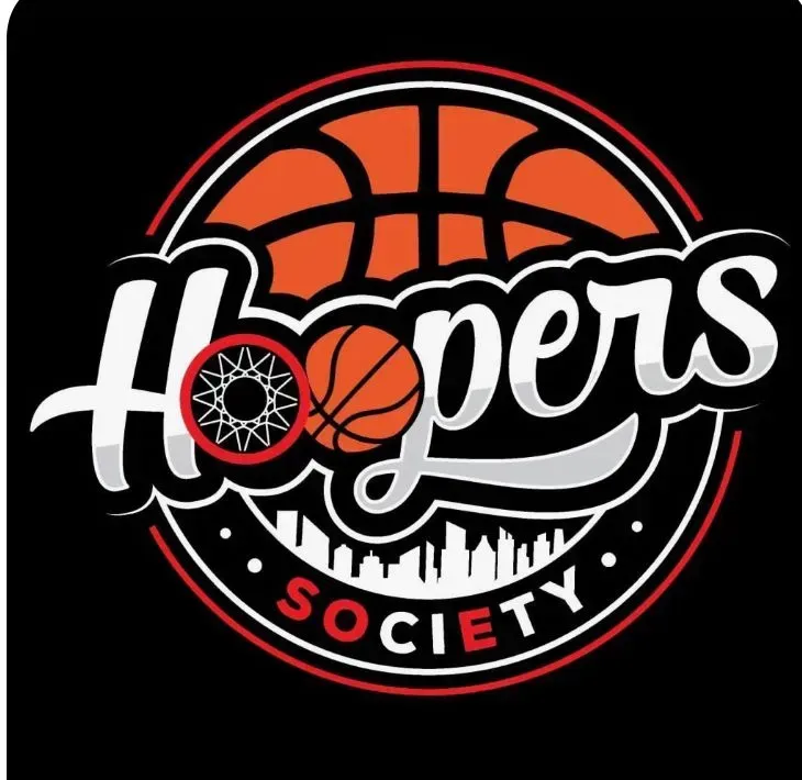 Hoopers Society basketball logo in black, red, and white with hoop and skyline design