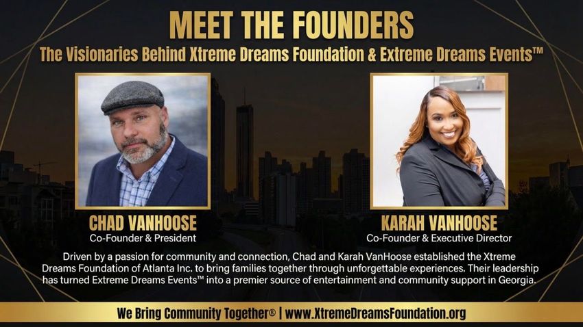 Meet the founders poster with two headshots over a city skyline