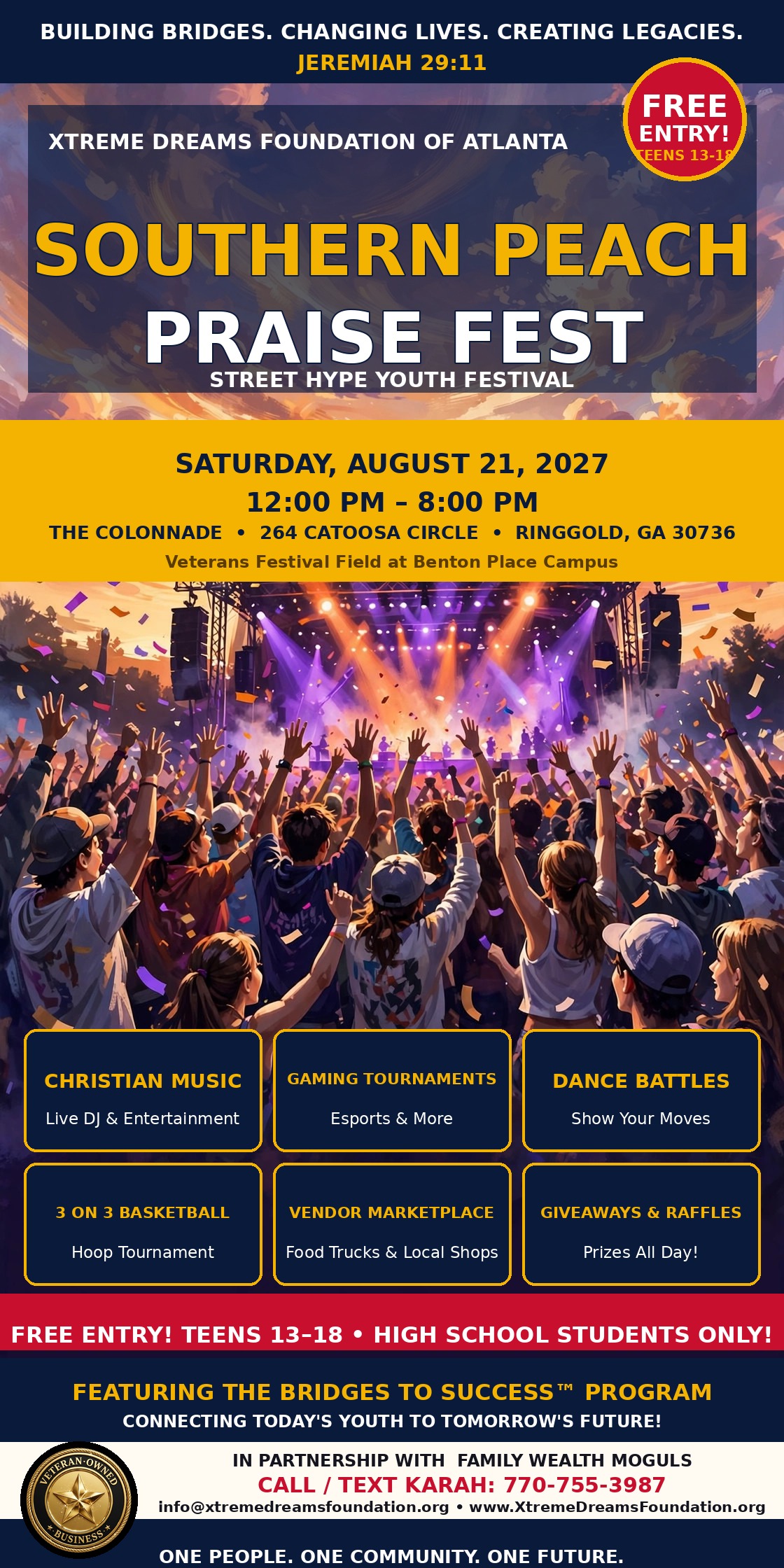 Southern Peach Praise Fest — Street Hype Youth Festival, Saturday, August 21, 2027, 12:00 PM–8:00 PM, The Colonnade — Veterans Festival Field, 264 Catoosa Circle, Ringgold, GA 30736, Free Entry — Teens 13–18