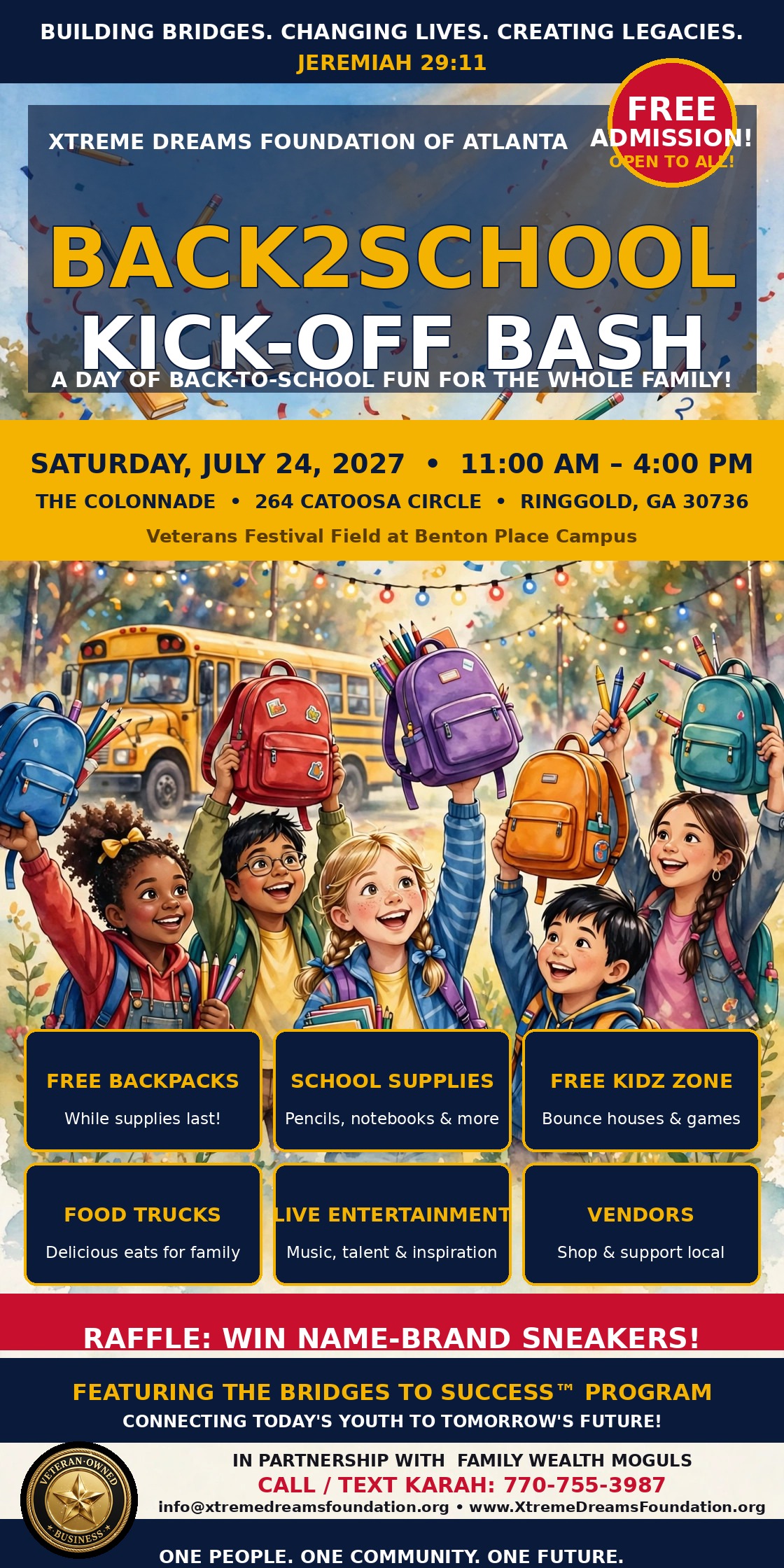 Back2School Kick-Off Bash — Saturday, July 24, 2027, 11:00 AM–4:00 PM, The Colonnade — Veterans Festival Field, 264 Catoosa Circle, Ringgold, GA 30736, Free Admission